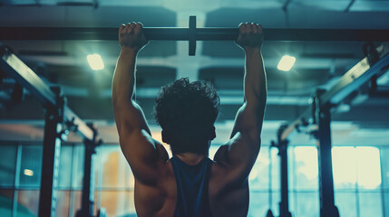 A person doing pull-ups on a bar, gym, upper body strength, hd, determined with copy space