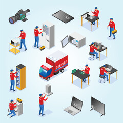 Computer tablets audio electronics devices household and business appliances repair service center isometric icons set