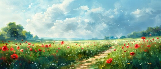 "Pathway through a field of blooming poppies, vibrant reds contrasting with green grass, dreamy and vivid watercolor scene, peaceful walk