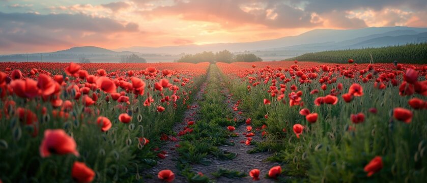 "Pathway through a field of blooming poppies, vibrant reds contrasting with green grass, dreamy and vivid watercolor scene, peaceful walk