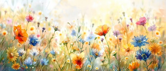 flower meadow on a sunny day, a riot of colors with daisies and poppies, soft and delicate watercolor painting, peaceful and cheerful ambiance