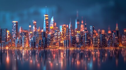 Fototapeta premium Stunning Cityscape at Night with Glittering Skyline Reflections over Smooth Waters