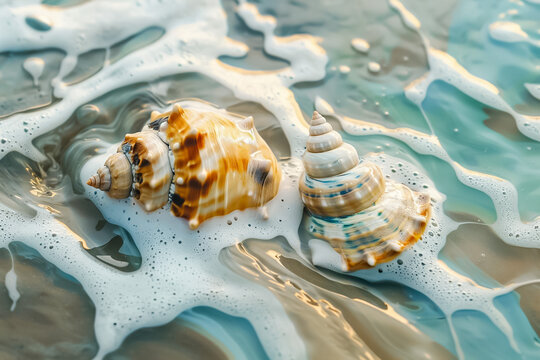 Two shells are floating in the ocean