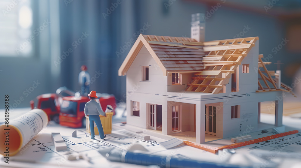 Poster building house on blueprints with worker  construction project : Generative AI