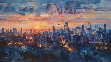 Fototapeta premium Skyline with iconic landmarks, seen from a distance at twilight, watercolor painting capturing the blend of natural and artificial light