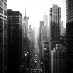 Bustling Monochrome Metropolis Towering Skyscrapers and Busy Streets in a Timeless City Scene