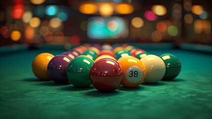 Vibrant Billiard Balls in Neon-Lit Pool Room with Colorful Bokeh Lights
