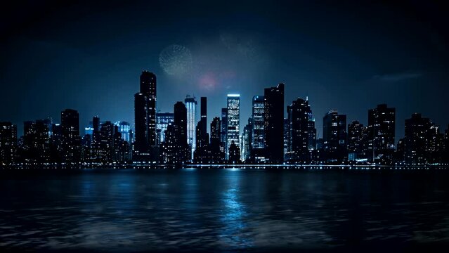 Vibrant fireworks illuminating the night sky above a silhouetted cityscape celebrating Indonesian Independence Day