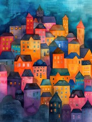 "Whimsical abstract cityscape in watercolor, bright and playful colors with imaginative forms, a vibrant and dynamic urban fantasy