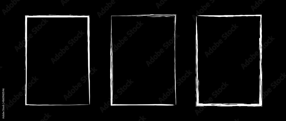 Poster Grunge rectangle frame set. Different paint brushed border collection. Chalk or ink rectangular jagged stroke design elements for banner, poster, flyer, brochure, cover. Vector A4 carde