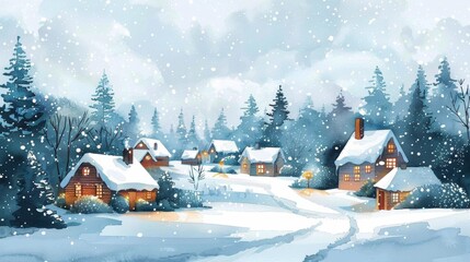 "Snowy village scene in winter, cozy cottages and twinkling lights, charming and detailed watercolor illustration, festive and serene atmosphere