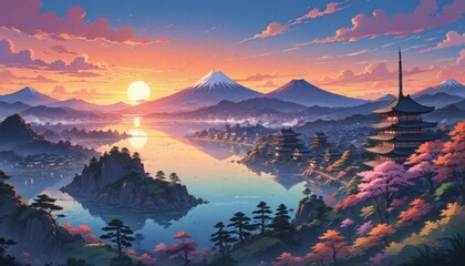 Colorful flat illustration classical animes sunset background