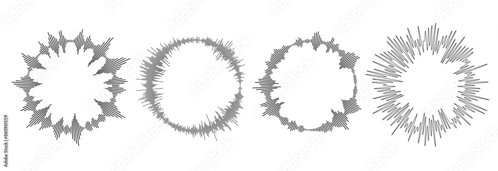 Poster radial sound wave pattern set. circle sun burst bundle. circular audio, music or voice icon collecti