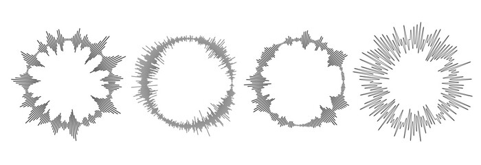 Radial sound wave pattern set. Circle sun burst bundle. Circular audio, music or voice icon collection. Round equalizer spectrum symbol pack. Vector black wavy soundwave center elements