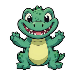 Obraz premium Cute Childish Kawaii Crocodile Character Sticker Standing with Big Round Eyes, Green Scales, and a Cheerful Expression, Thick Black Outline, Generative AI.