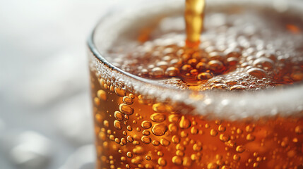 beer fluid, bubbly, halfway filled , pouring, white background.