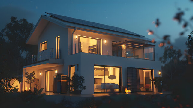 Modern house with solar panels Night view of a beautiful white house with solar panels : Generative AI