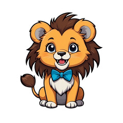 Fototapeta premium Cute Childish Kawaii Lion Character Sticker Standing with Big Round Eyes, Fluffy Mane, and a Happy Expression, Thick Black Outline, Generative AI.