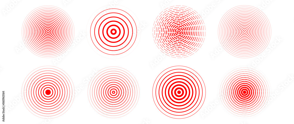 Poster Red concentric circles set. Radial sonar or sound wave ring collection. Halftone, dashed and dotted line epicenter, target, radar icon symbol pack. Rippled concentric signal vibration elements. Vector