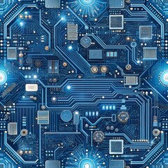 Fototapeta premium Seamless pattern of digital circuit boards and technological elements, perfect for tech-themed designs, Generative AI