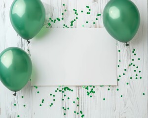Green balloons and confetti card mockup on white wood background with copy space