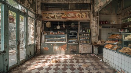 Vintage Bakery with Defunct Display Counters and Weathered Interior