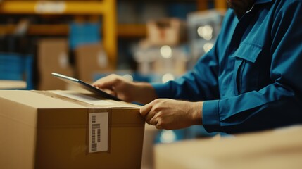Close-Up of Man in Blue Uniform Holding iPad and Checking Shipping Information