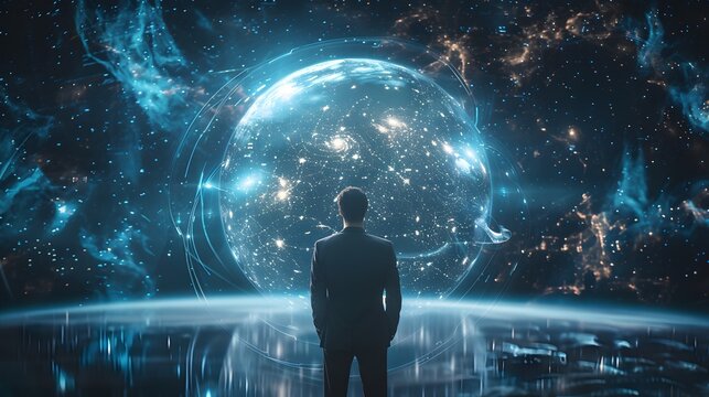 Businessman presenting futuristic business world metaverse graphic. In the form of innovation in digital business processing technology, innovation of the 21st century	