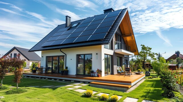 photo illustration of  New suburban house with a photovoltaic system on the roof. Modern eco friendly passive house with landscaped yard. Solar panels on the gable roof, beauty landscape , 16:9 