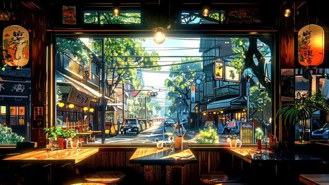 Traditional Japanese street view from a cozy cafe with lanterns and wooden decor during daylight.
