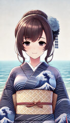 アニメ／美女　美人画　着物　波