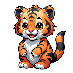 Cute Childish Kawaii Tiger Character Sticker Standing with Big Round Eyes, Striped Fur, and a Happy Expression, Thick Black Outline, Generative AI.