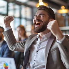 Obraz premium Successful Businessperson Celebrating Positive Financial Growth with Team