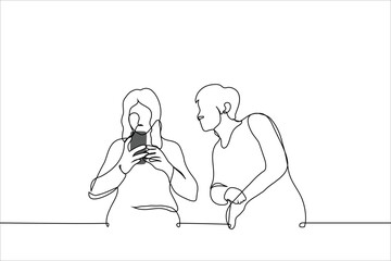 man looks into the phone screen of a woman sitting next to him - one line art vector. concept a stranger peeps into your correspondence, a jealous and suspicious man