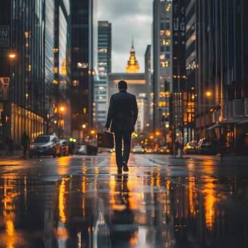 Businessman Confidently Strides Through Bustling Financial District on a Rainy Night