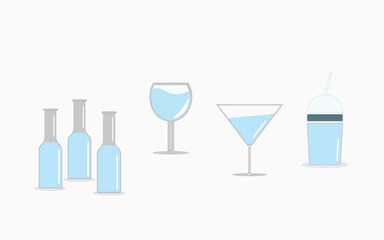 Set of bottles, cocktail glasses with drink and plastic cup with straw isolated on white background