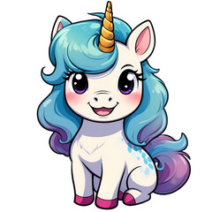Cute Childish Kawaii Unicorn Character Sticker Standing with Sparkling Eyes, Rainbow Mane and Tail, Happy Expression, Thick Black Outline, Generative AI.