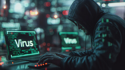A man is typing on a computer with the word Virus on the screen. He is wearing a hoodie and he is focused on his work. Concept of urgency and importance