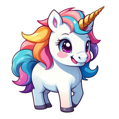Cute Childish Kawaii Unicorn Character Sticker Standing with Sparkling Eyes, Rainbow Mane and Tail, Happy Expression, Thick Black Outline, Generative AI.