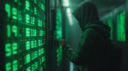 A man in a hoodie is standing in front of a green screen with numbers on it. He is pressing a button on the screen