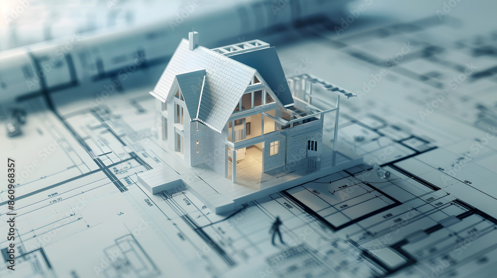 Poster building house on blueprints with worker  construction project : Generative AI