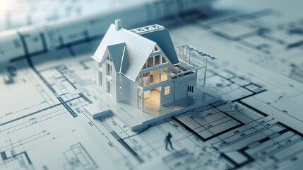 building house on blueprints with worker  construction project : Generative AI