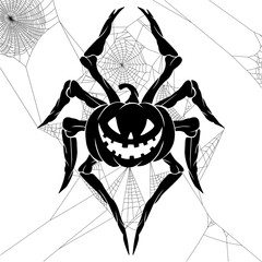 black and white vector of spider skull, spider web and pumpkin