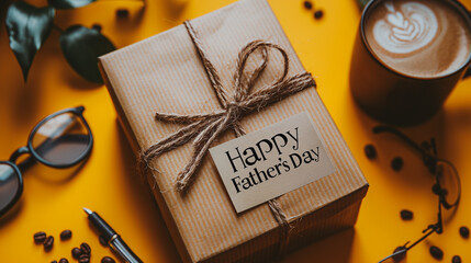 Happy Father's Day banner mockup. Flat lay vintage gift box with label "Happy Father's Day", glasses, and coffee cup on ayellow background with copy space.