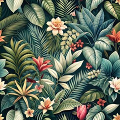 Obraz premium Seamless pattern of tropical leaves and flowers, evoking a lush and exotic atmosphere, Generative AI