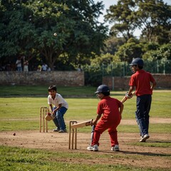 Boys are playing cricket on a grassy field.