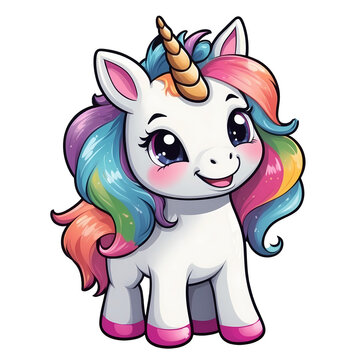 recommend clip art: Cute Childish Kawaii Unicorn Character Sticker Standing with Sparkling Eyes, Rainbow Mane and Tail, Happy Expression, Thick Black Outline, Generative AI.