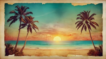 Obraz premium Artistic summer collage with palm trees and beach scenery in sunset hues, blending vintage charm with vibrant tropical colors and textures.