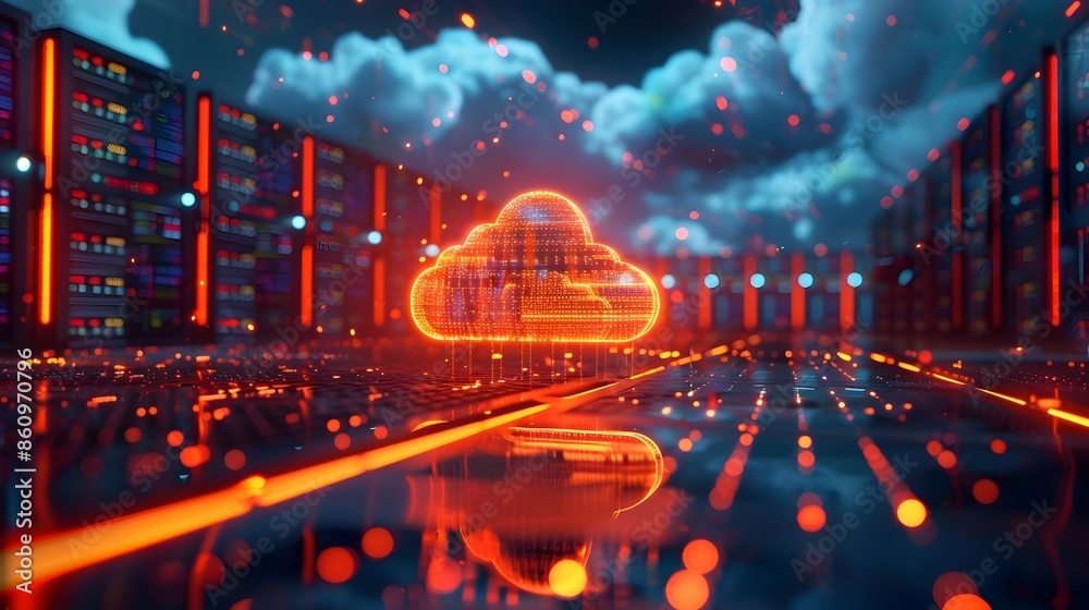 Poster glowing cloud computing data center with advanced digital infrastructure