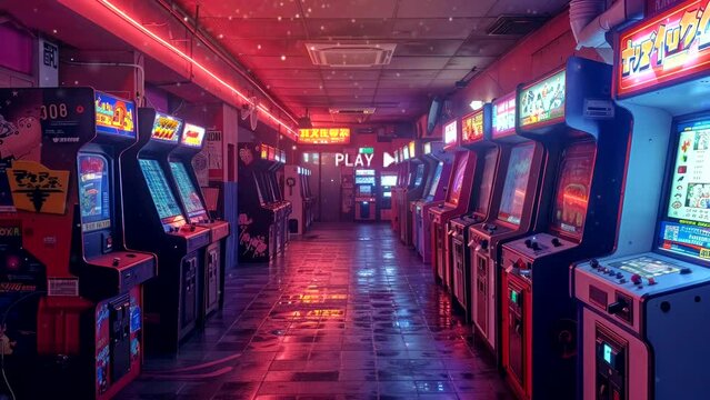 Retro arcade with neon lights and classic game machines, capturing the vibrant and nostalgic gaming atmosphere.